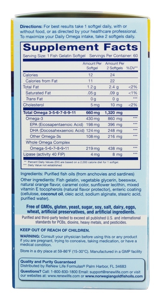 Óleo de peixe norueguês Ultimate Gold Omega 1200 mg. - 60 Softgel (s) de peixe Renew Life - Imagem 2