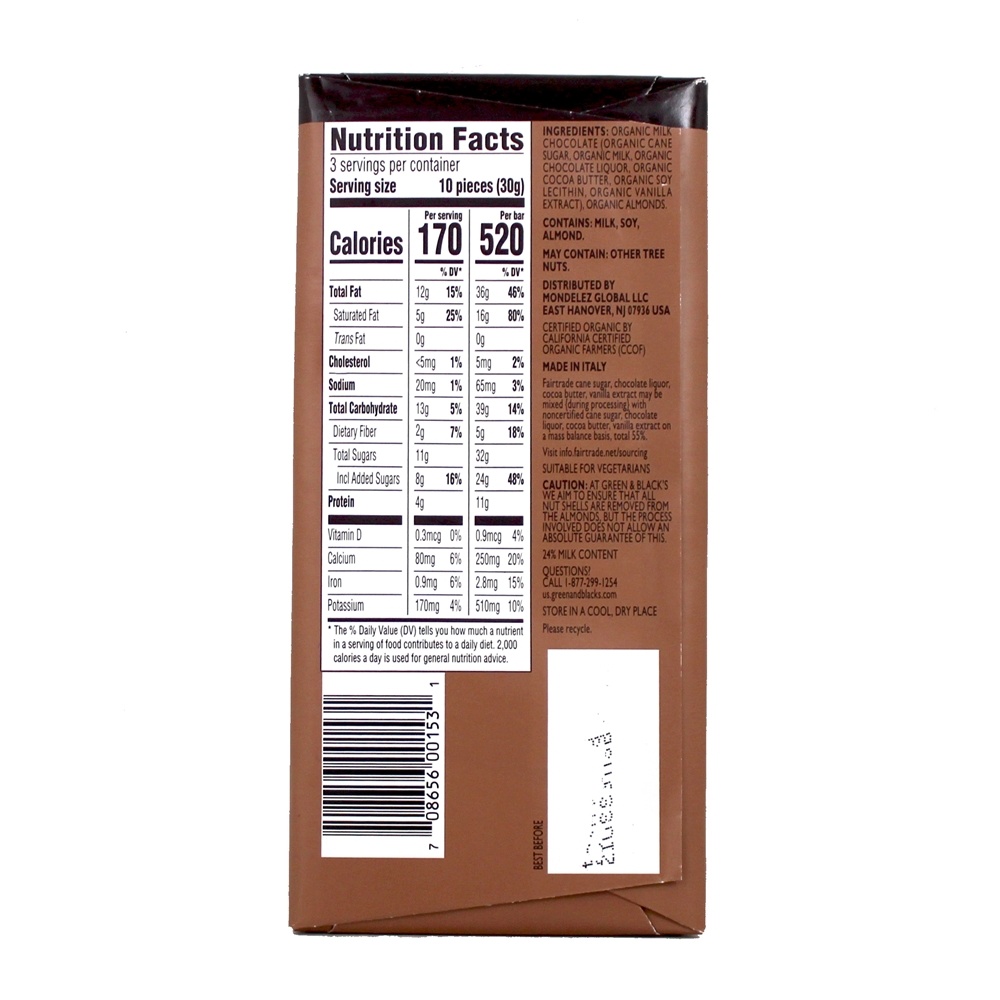 Barra de Chocolate ao Leite 37 % Cacau com Amêndoas - 3.17 oz. Green & Black's Organic - Imagem 2