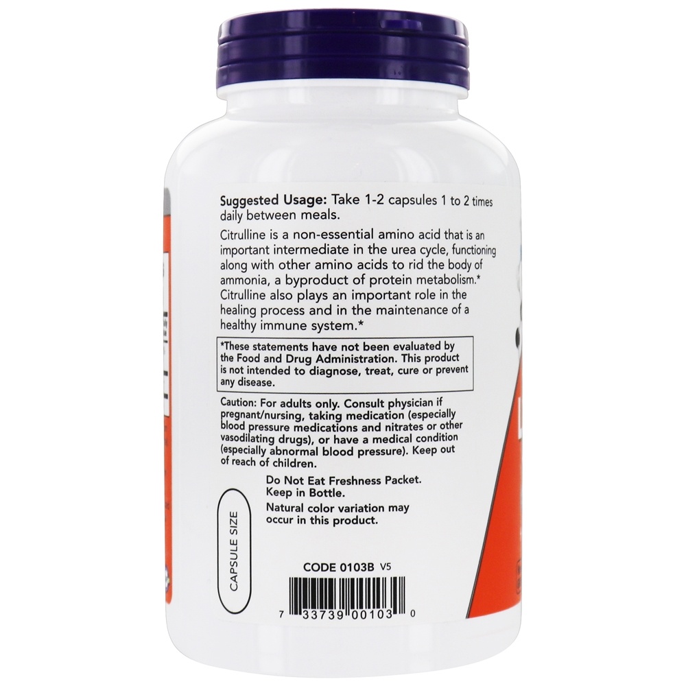 Suporte ao metabolismo de proteínas com L-citrulina 750 mg . - 180 Cápsula (s) vegetal (s) NOW Foods - Imagem 3