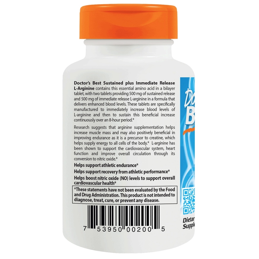 L-Arginina Sustentada mais Liberação Imediata 500 mg. - 120 Tablets Doctor's Best - Imagem 3