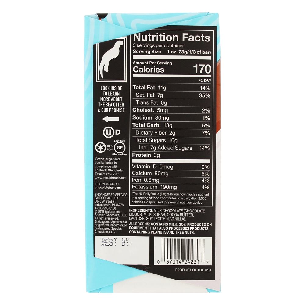 Barra de Chocolate ao Leite 48 % Cacau Suave e Cremoso - 3 oz. Endangered Species - Imagem 2