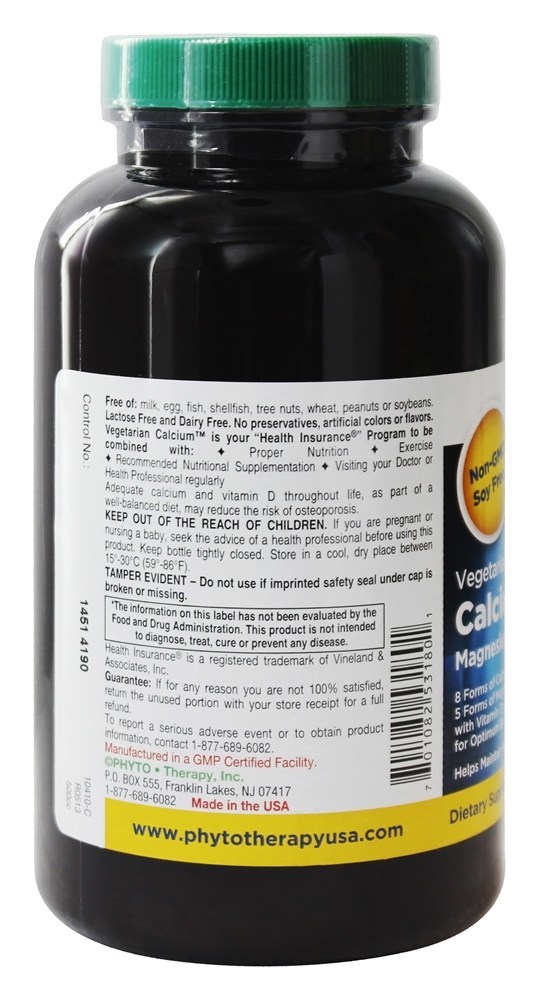 Cálcio Vegetariano 1000 mg com Magnésio 400 mg - Cápsulas vegetarianas 180 Phyto Therapy - Imagem 3
