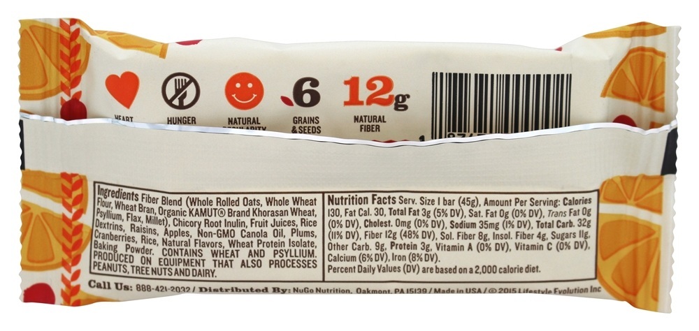 Amora de laranja de barra de fibra de água - 1.6 oz. NuGo Nutrition - Imagem 2