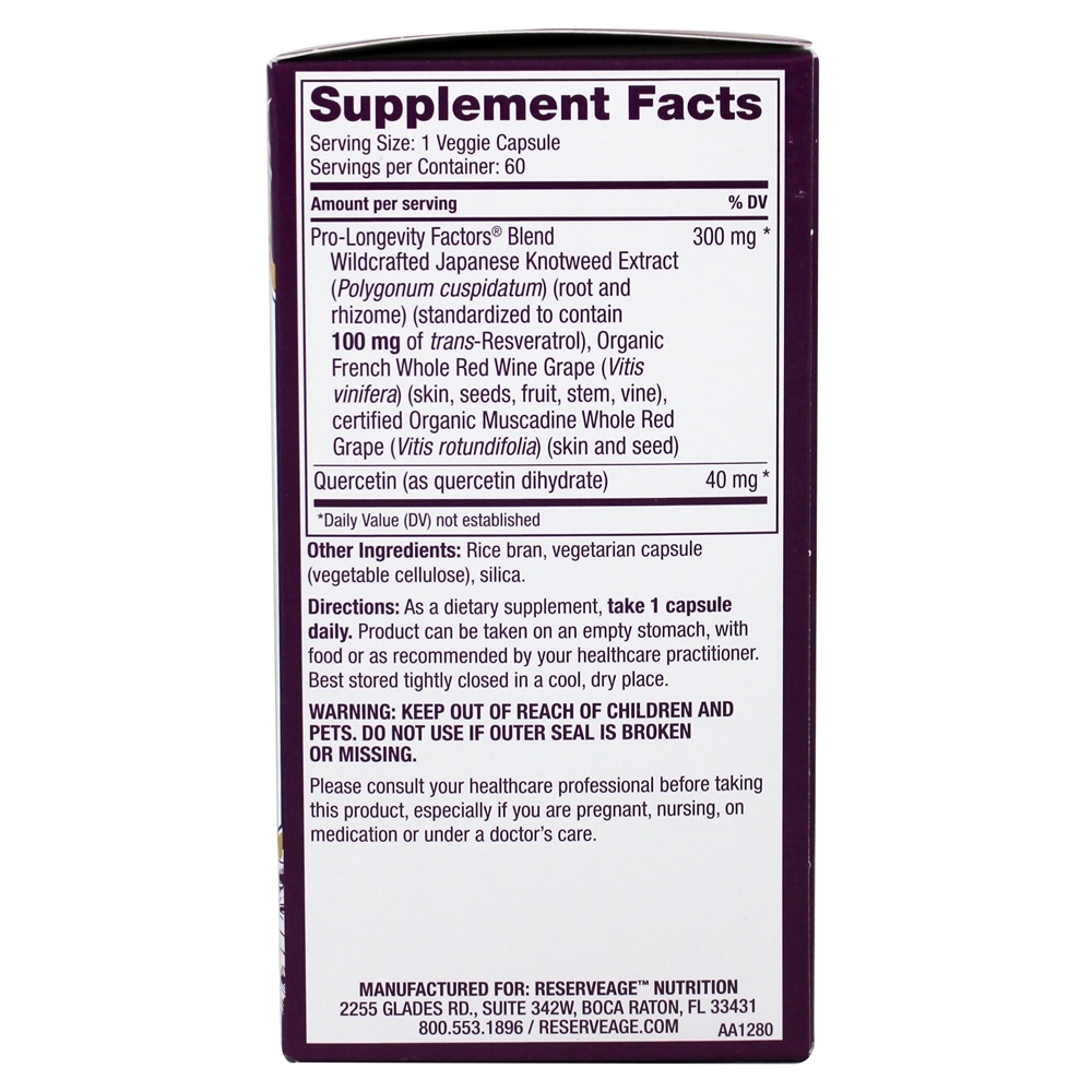 Resveratrol 100 mg. - Cápsulas vegetarianas 60 Reserveage Nutrition - Imagem 2