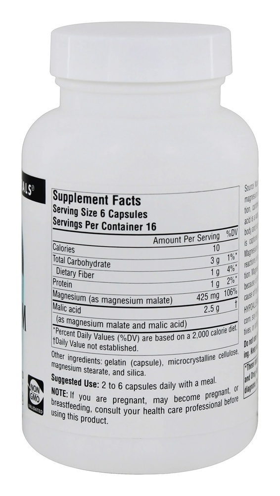 Malato de magnésio Rendimento 416.5 mg Ácido málico 625 mg. - Cápsulas 100 Source Naturals - Imagem 2