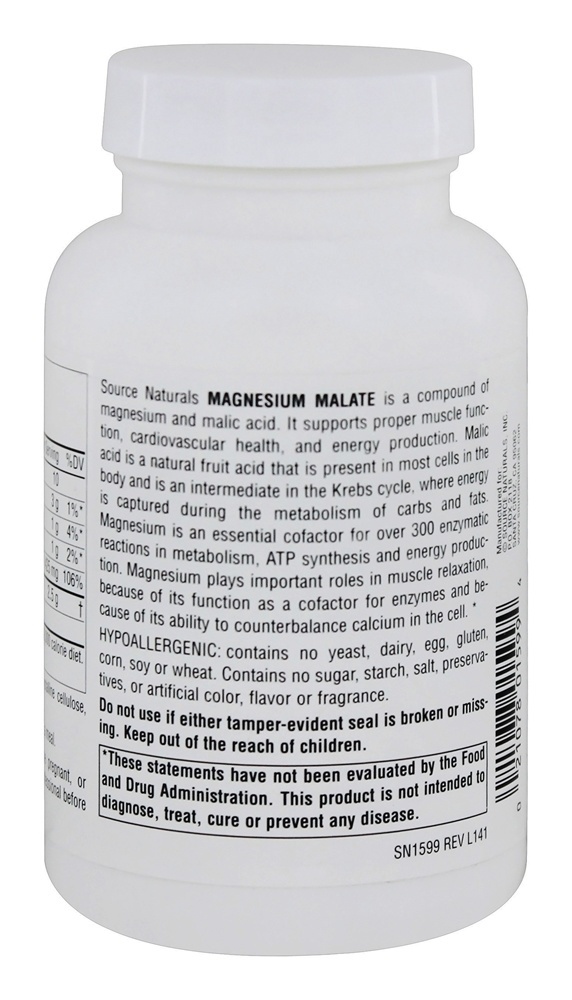 Malato de magnésio Rendimento 416.5 mg Ácido málico 625 mg. - Cápsulas 100 Source Naturals - Imagem 3