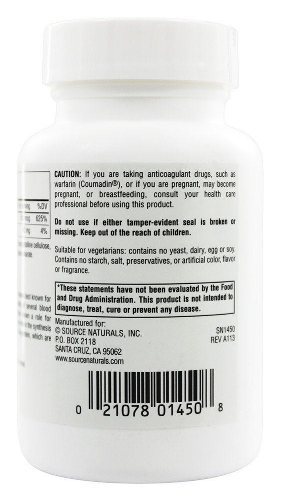 Vitamina K 500 mcg. - 200 Tablets Source Naturals - Imagem 3