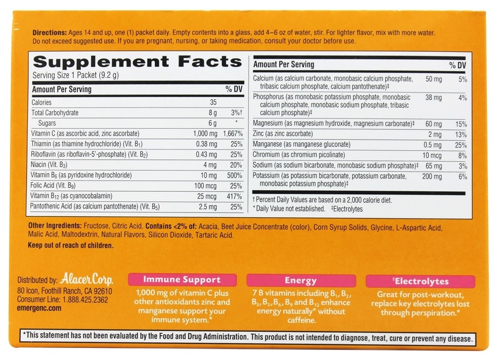 Reforço energético da vitamina C do Emergen-C 1000 mg. - 30 Pacotes (s) Alacer - Imagem 2