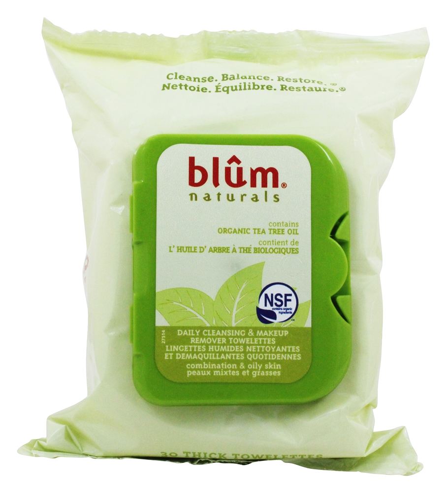Toalhetes de limpeza diários com óleo orgânico da árvore do chá para a pele combinada & oleosa - 30 Toalha (s) Blum Naturals