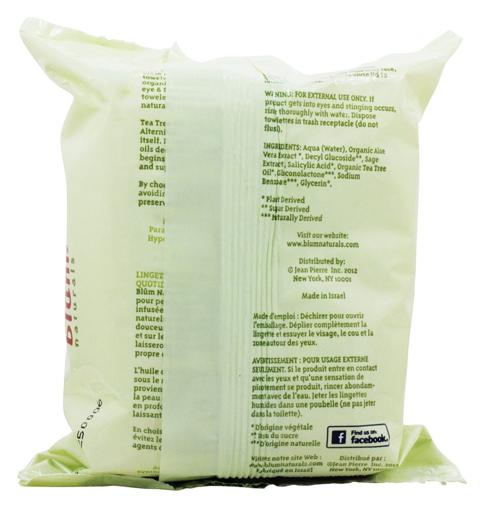 Toalhetes de limpeza diários com óleo orgânico da árvore do chá para a pele combinada & oleosa - 30 Toalha (s) Blum Naturals - Imagem 2