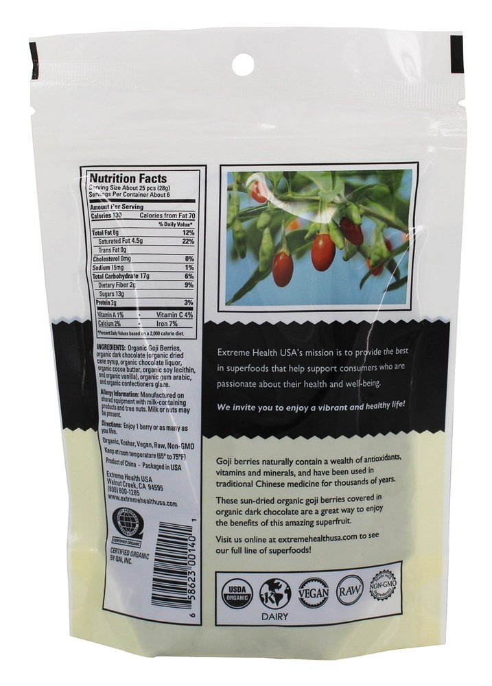 Bagas De Goji Com Cobertura De Chocolate Escuro - 6 oz. Extreme Health USA - Imagem 2