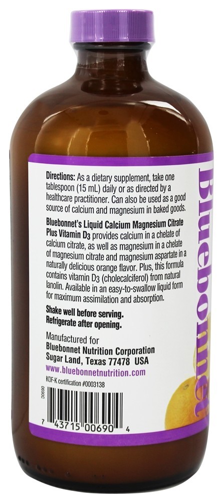 Líquido Cálcio Magnésio Citrato Mais Vitamina D3 Natural Laranja Sabor - 16 fl. oz. Bluebonnet Nutrition - Imagem 3