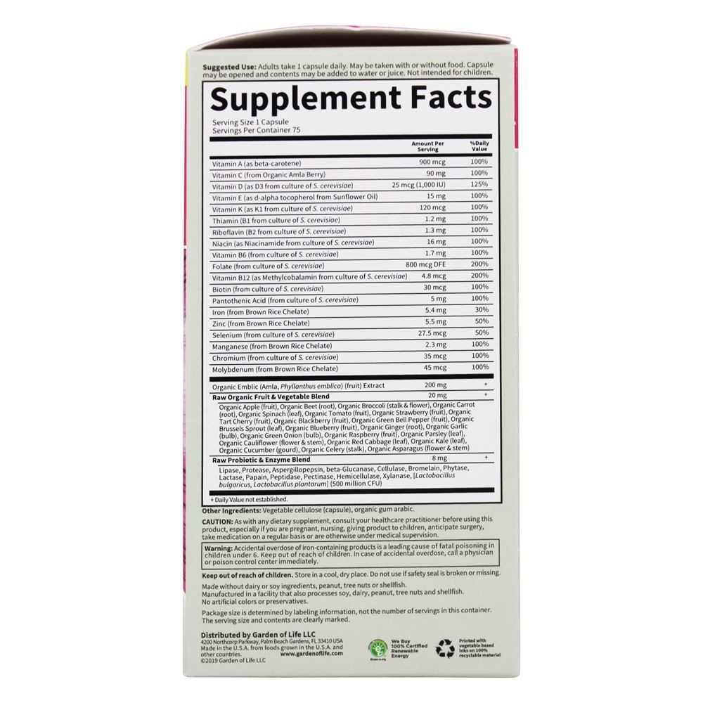 Código De Vitamina RAW Um Multi-Vitamina Para Mulheres - Cápsulas vegetarianas 75 Garden of Life - Imagem 3