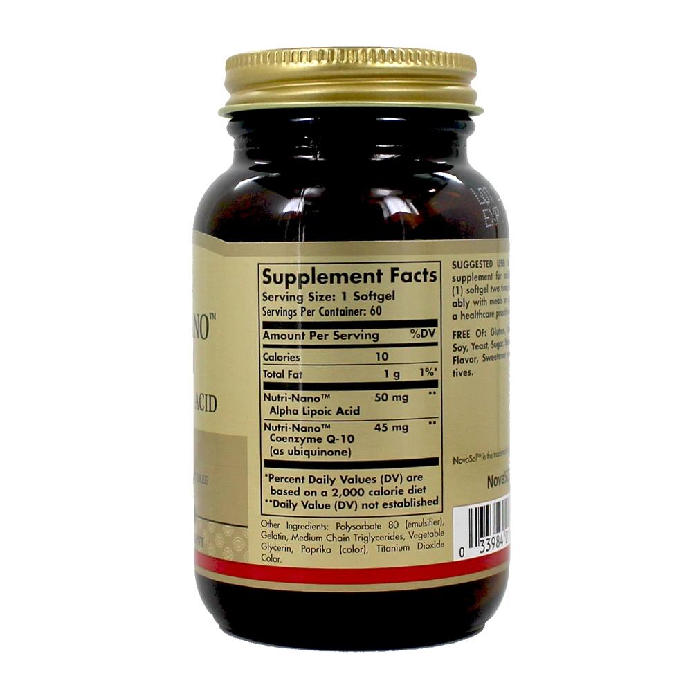 Nutri-Nano CoQ-10 Alpha Ácido lipóico - 60 Softgels Solgar - Imagem 2