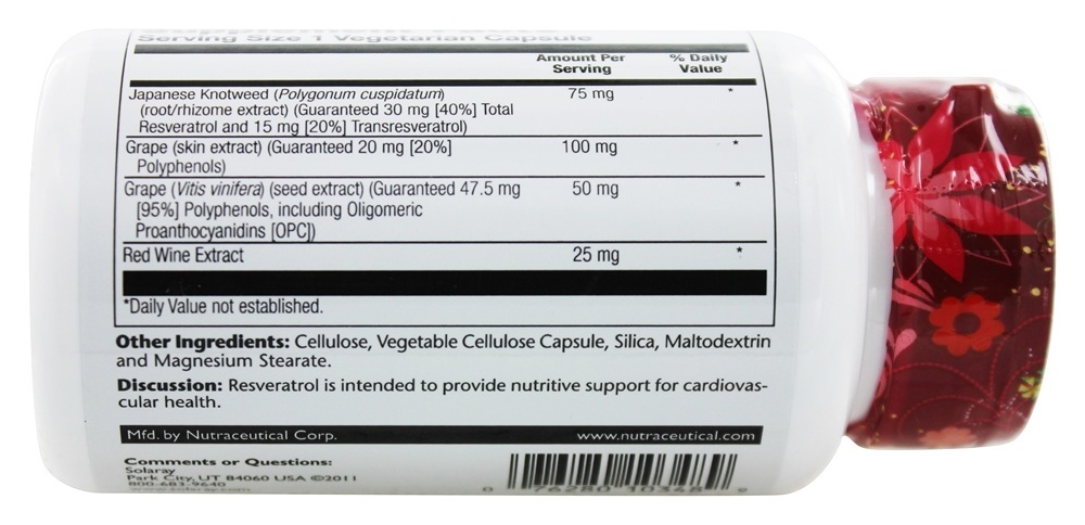 Potência Garantida Resveratrol Knotweed Japonês 75 mg. - Cápsulas vegetarianas 60 Solaray - Imagem 3