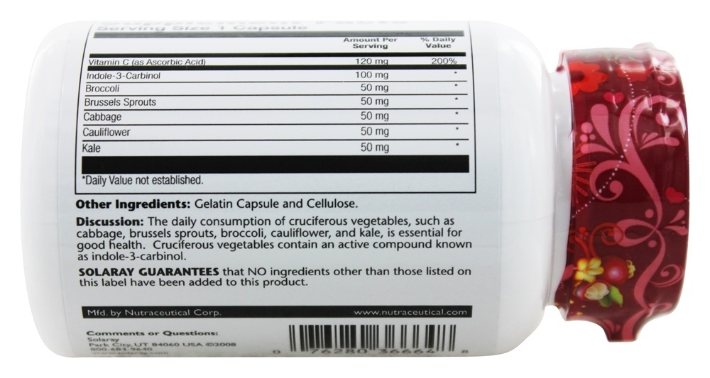 Indole-3-Carbinol Potência Garantida 100 mg. - Cápsulas 30 Solaray - Imagem 3