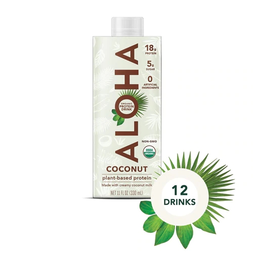 Aloha Organic Vegan Plant Based Protein Drink with MCT Oil Coconut -- 11 fl oz Each / Pack of 12