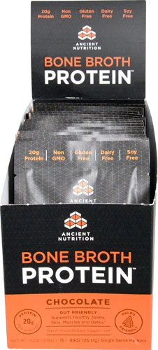 Ancient Nutrition Bone Broth Protein Chocolate - 15 Sachês 20g de Proteína