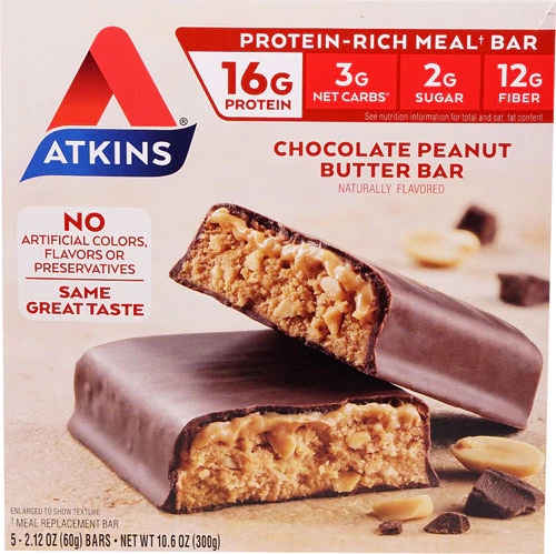 Barra de Refeição Atkins Chocolate e Amendoim - 5 Barras (Aprox. 200g)