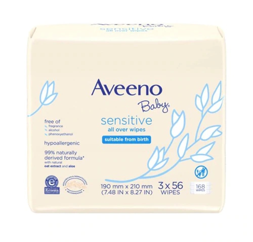 Lenços Umedecidos Aveeno Baby Sensitive 3 Pacotes x 56 Unidades - Higiene Suave