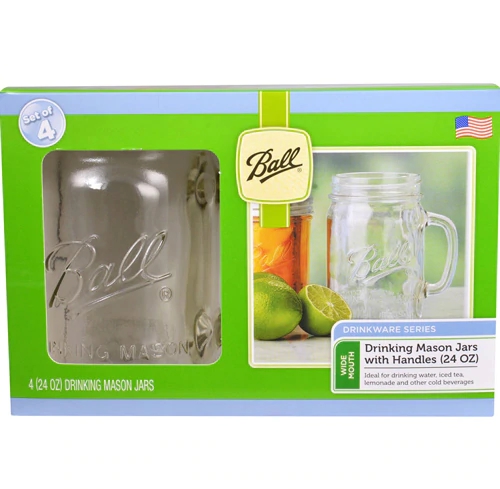 Conjunto 4 Potes Mason Jar Ball 680ml com Alça para Bebidas