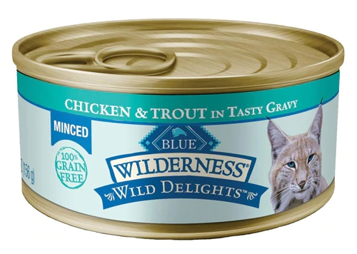 Blue Buffalo Wilderness Wild Delights Adult Cat Minced Chicken and Trout in Tasty Gravy -- 5.5 oz Each / Pack of 24