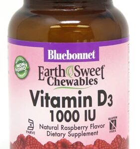Bluebonnet Nutrition Earth Sweet Chewables Vitamina D3 Sabor Framboesa Natural - 1000 UI - 90 Comprimidos Mastigáveis