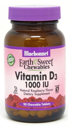 Bluebonnet Nutrition Earth Sweet Chewables Vitamina D3 Sabor Framboesa Natural - 1000 UI - 90 Comprimidos Mastigáveis