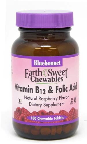 Vitamina B12 e Ácido Fólico Bluebonnet EarthSweet® Framboesa 180 Comprimidos Mastigáveis