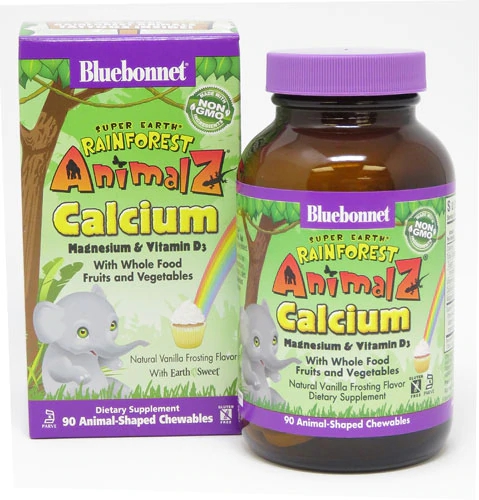 Bluebonnet Rainforest Animalz Cálcio Magnésio Vitamina D3 Baunilha 90 Mastigáveis