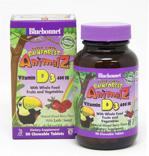 Bluebonnet Nutrition Rainforest Animalz Vitamina D3 Morango - 400 UI - 90 Tabletes Mastigáveis