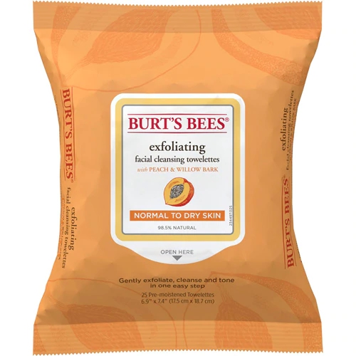 Lenços de Limpeza Facial Burt's Bees Pele Normal a Seca com Pêssego e Casca de Salgueiro - 25 Lenços