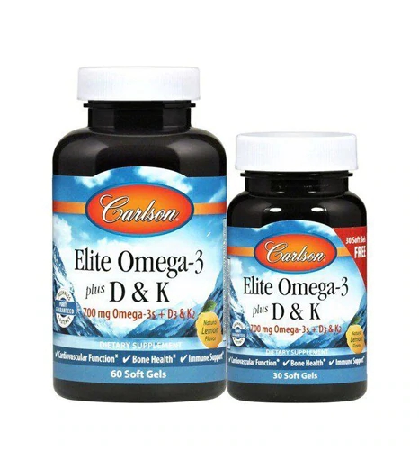 Carlson Elite Ômega-3 com Vitamina D e K Sabor Natural Limão - 90 Cápsulas Softgel