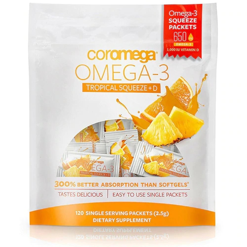 Coromega Ômega-3 Squeeze Plus D Sabor Laranja Tropical - 120 Sachês