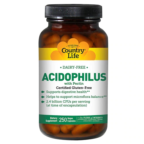 Country Life Acidophilus com Pectina 250 Cápsulas Vegetarianas - Probióticos e Saúde Digestiva