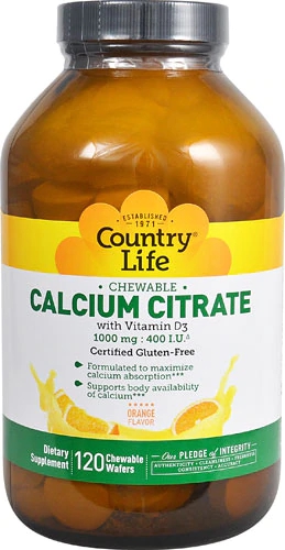 Country Life Citrato de Cálcio Mastigável com Vitamina D3 Laranja - 120 Tabletes Mastigáveis