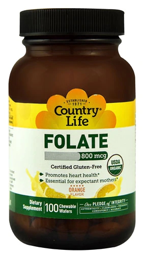 Country Life Folate L-Metilfolato 400 mcg - 100 Comprimidos Mastigáveis Sabor Laranja