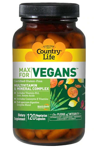 Country Life Max for Vegans Multivitamínico e Mineral Complexo - 120 Cápsulas Veganas