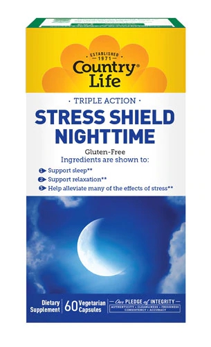 Country Life Stress Shield® Nighttime 60 Cápsulas Vegetarianas: Alívio Noturno para o Estresse