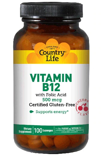 Country Life Vitamina B12 Cereja 500mcg - 100 Pastilhas - Energia e Bem-Estar