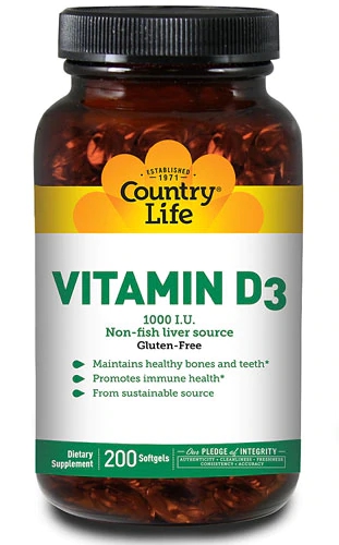 Country Life Vitamina D3 1000 IU - 200 Cápsulas Gelatinosas Macias - Essencial para Saúde Óssea e Imunidade