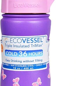 Garrafa Térmica Infantil EcoVessel Frost 370g Roxo Borboletas com Canudo Flip