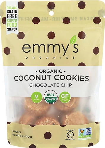 Biscoitos de Coco Sem Glúten e Veganos Emmy's Organics com Gotas de Chocolate 170g