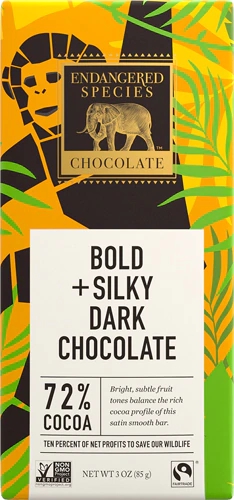 Barra de Chocolate Amargo Endangered Species 72% Cacau Vegano Sem Glúten - 85g