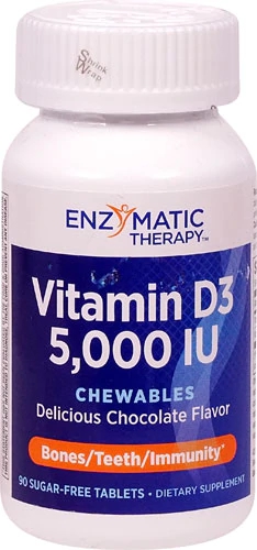 Enzymatic Therapy Vitamina D3 Mastigável Sabor Chocolate 5000 UI - 90 Tabletes Sem Açúcar