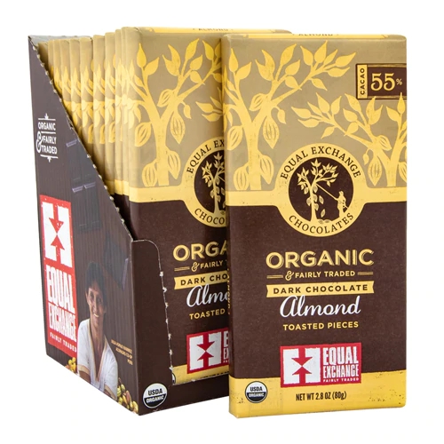 Chocolate Amargo Orgânico Equal Exchange com Pedaços de Amêndoa Tostada - 12 Barras (Aprox. 480g)