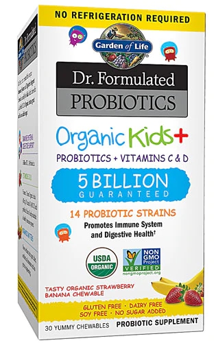 Garden of Life Probióticos Orgânicos para Crianças Sabor Morango Banana - 5 Bilhões CFU - 30 Mastigáveis