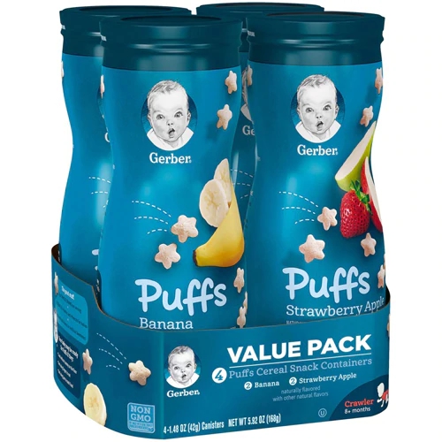 Lanchinhos Gerber Puffs Cereal Banana Morango Maçã - 4 Latas