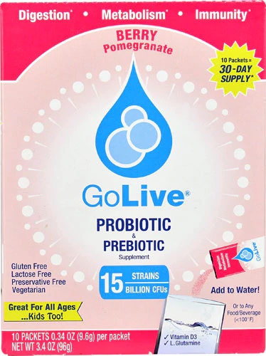 GoLive Probiotic and Prebiotic Drink Mix Berry Pomegranate - 10 Sachês (15 Bilhões de UFC)