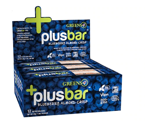 Barras de Blueberry, Amêndoa e Chia Greens Plus +plusbar - Caixa com 12 Unidades